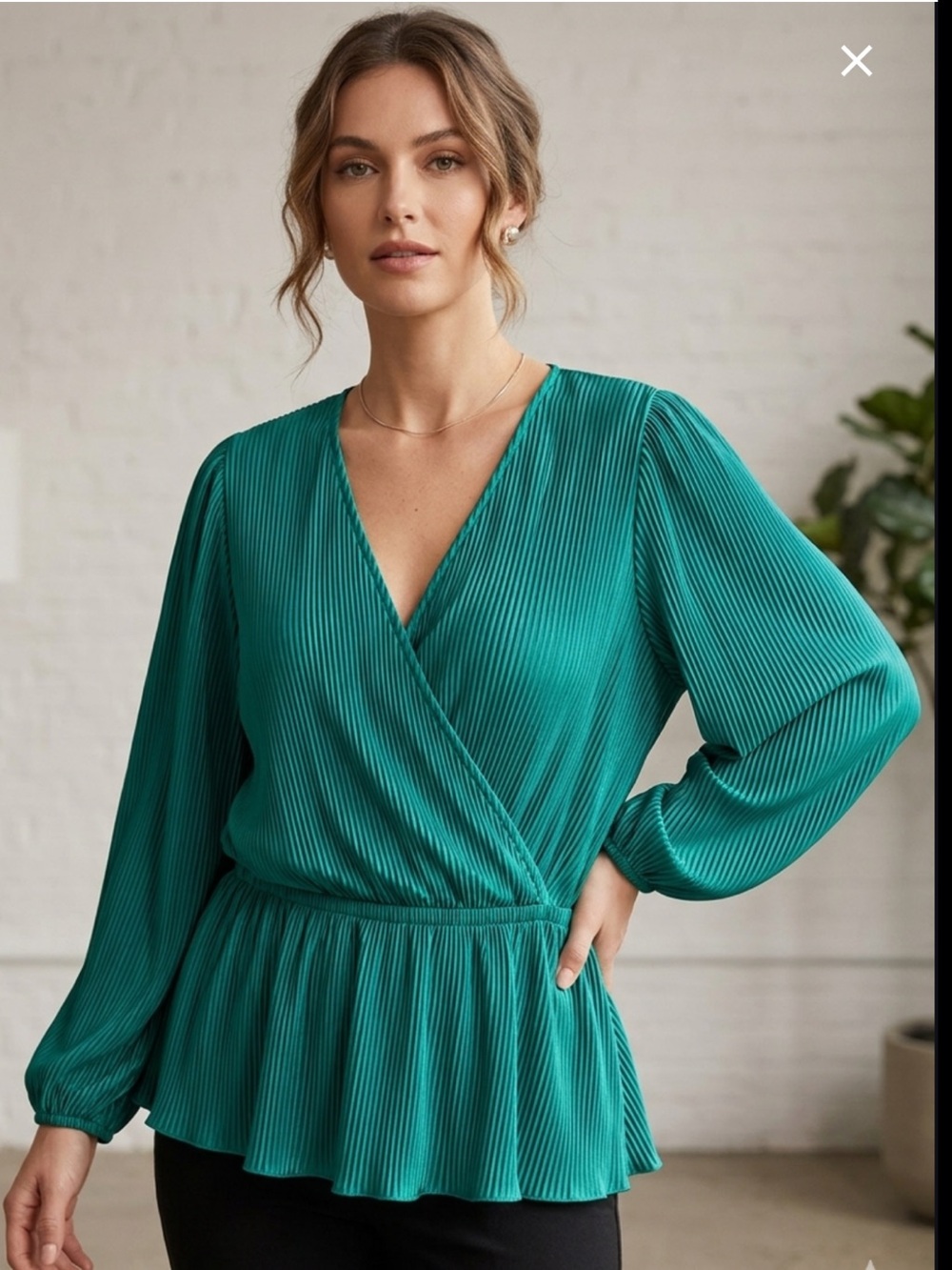 Pleated Teal Wrap Blouse with Peplum Hem